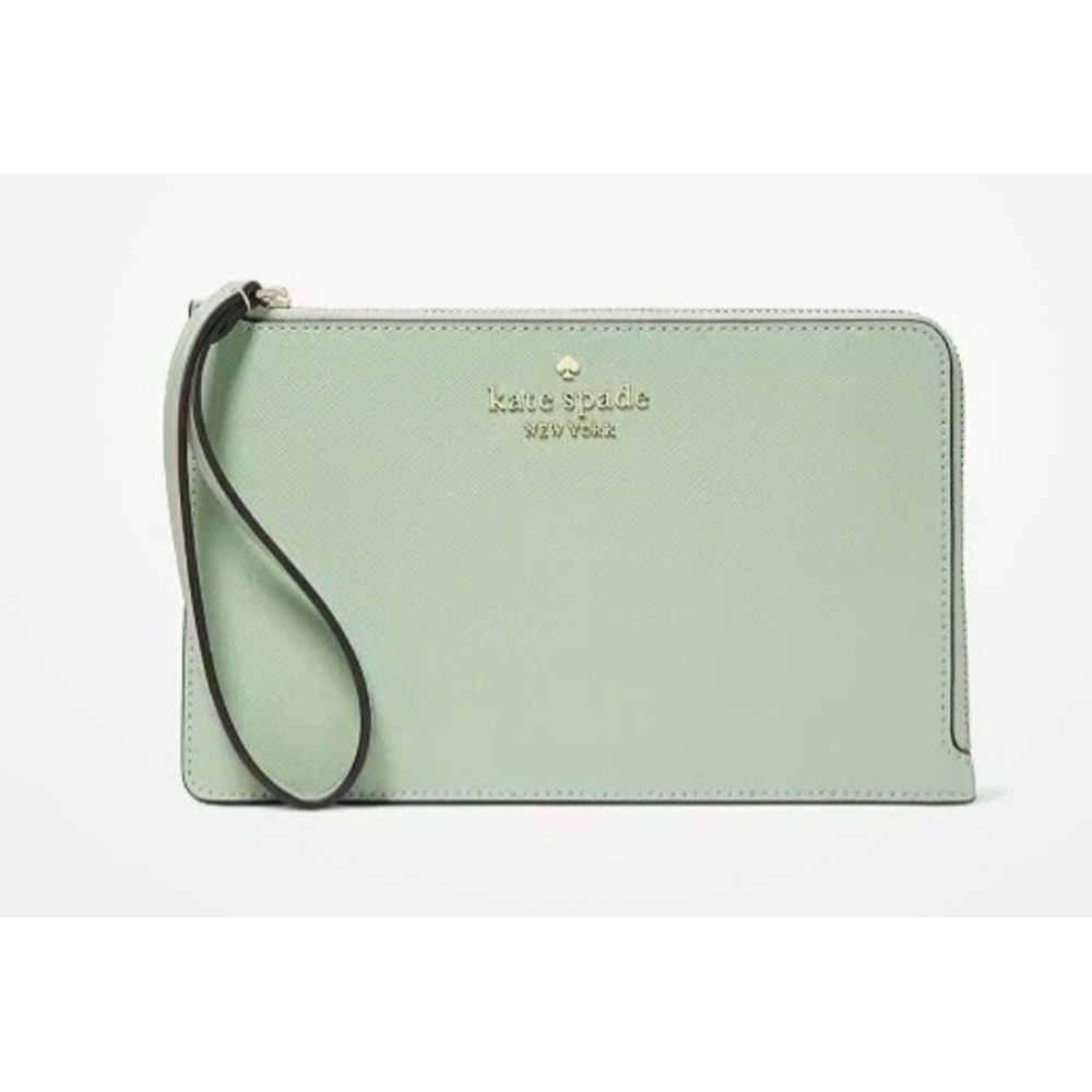 Kate Spade Staci Saffiano Leather Beach Glass Green Wristlet Clutch Wallet New